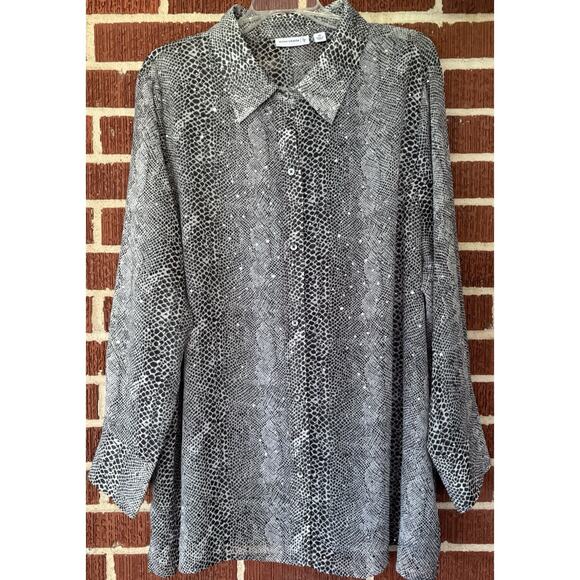 Susan Graver Black and White Reptile Print Blouse with Sequins Size 3X - Picture 1 of 5